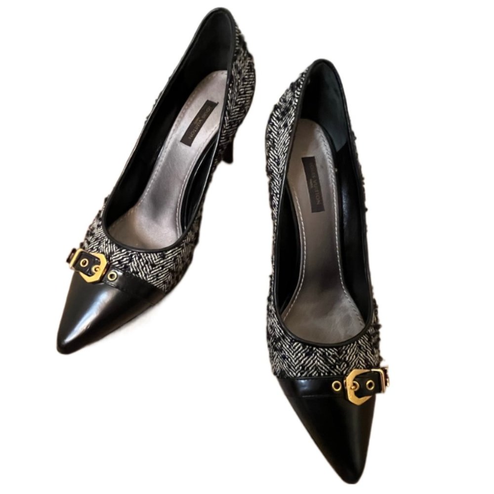 Louis Vuitton Black Leather Tweed Heels Size 37.5 - Picture 1 of 13